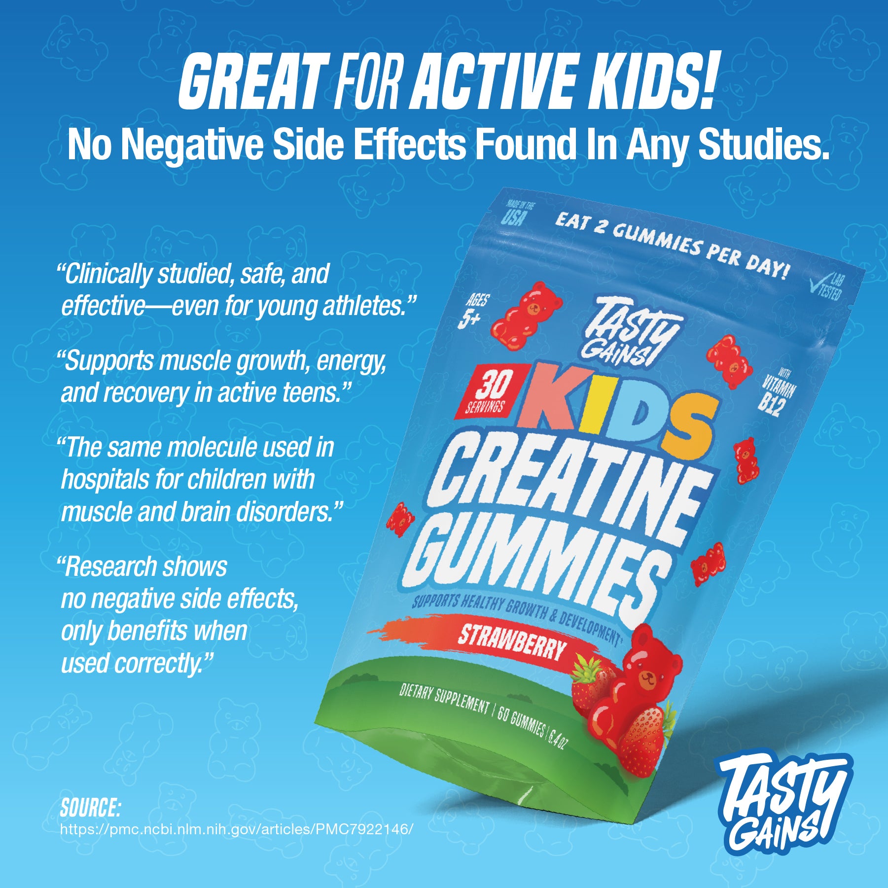 Tasty Gains Kids Creatine Gummies (Buy 1 Get 1 Free)