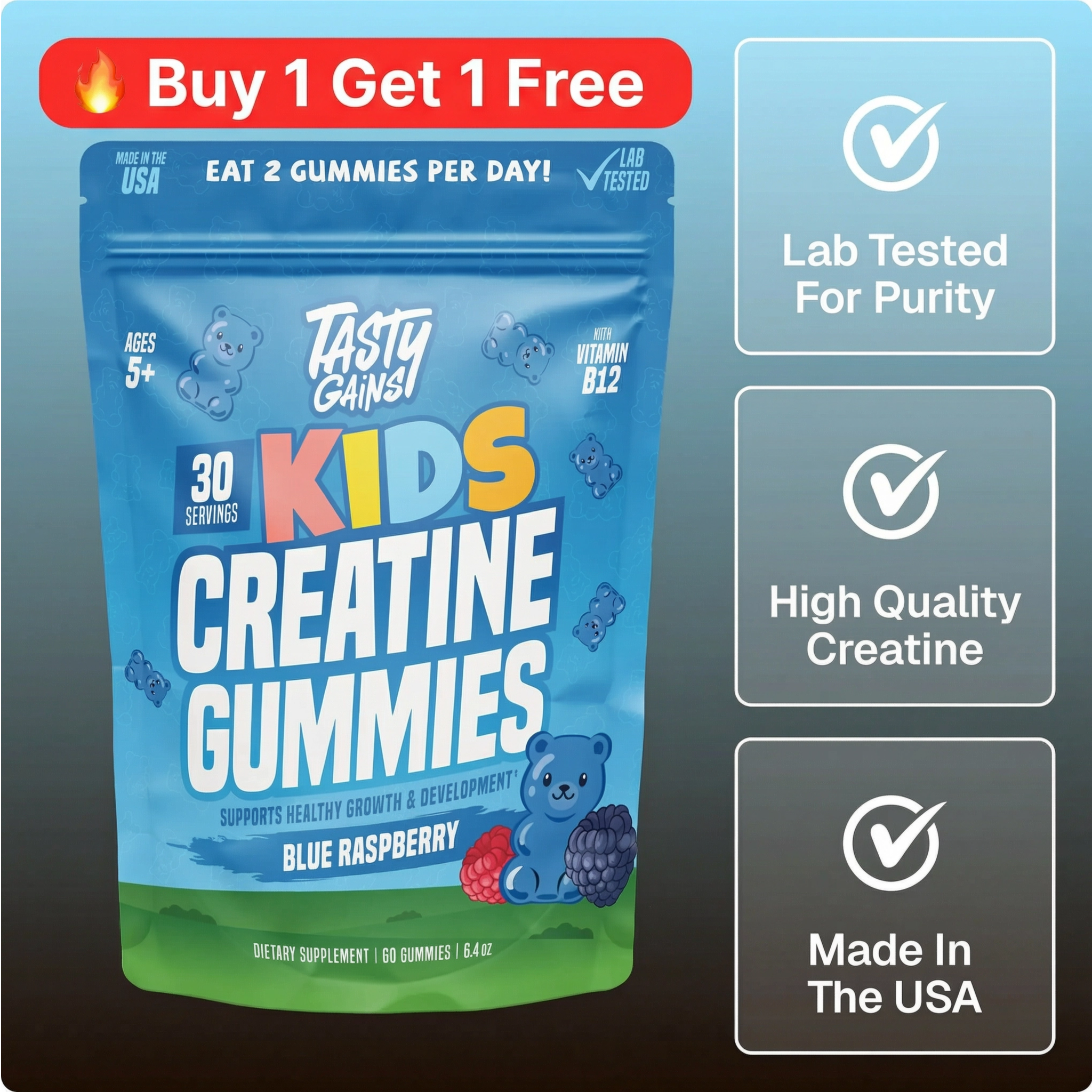 Tasty Gains Kids Creatine Gummies (Buy 1 Get 1 Free)